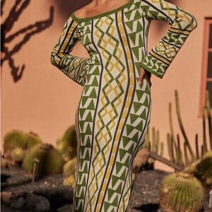 *NWOT* MISA Green Dress Limoncello Off-Shoulder Fitted Knitted Geo Dress 💚🔆
